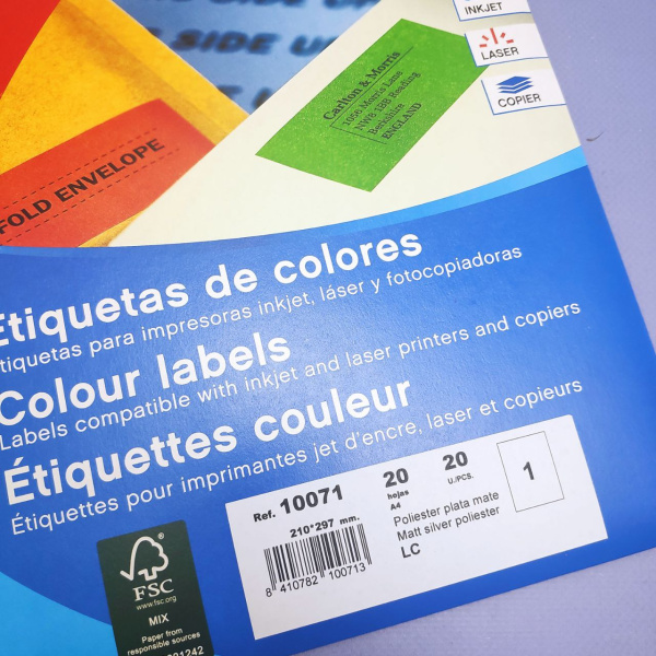 Этикетка самоклеящаяся серебристая 210х297 мм, 20 листов